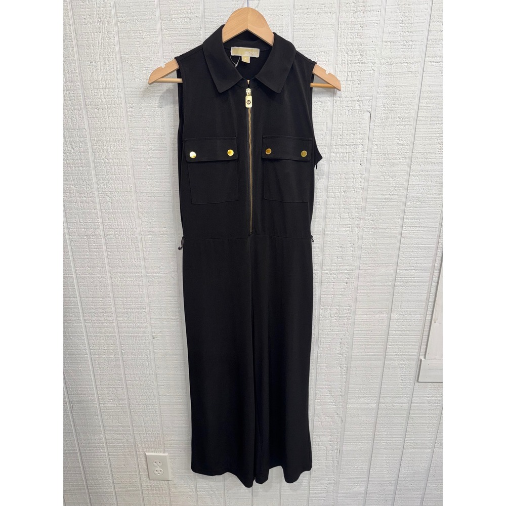 Michael Kors Jumpsuit Women Black Gold Zip Utility Wide Leg Medium